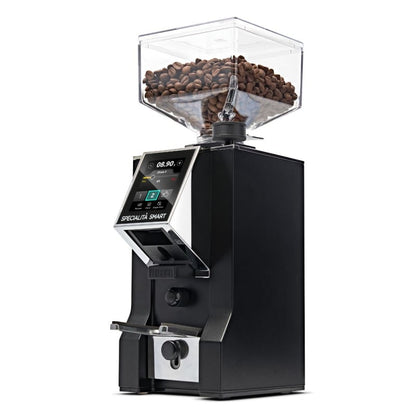 Coffee grinder with a clear container of coffee beans on a white background