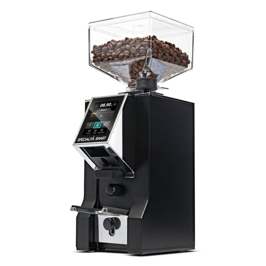 Coffee grinder with a clear container of coffee beans on a white background
